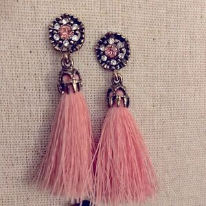 Light pink crystal and tassel earrings; baby pink fringe and diamond detail stud